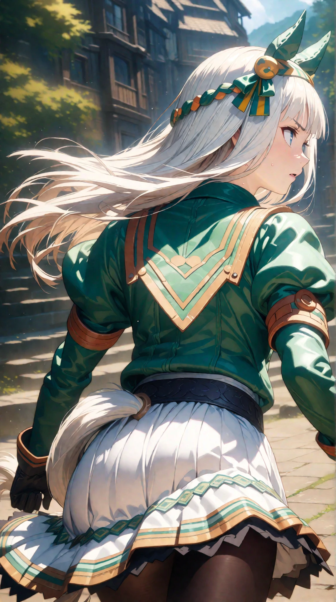  cinematic, (masterpiece), (best quality), (ultra-detailed), very aesthetic, illustration, realistic illustration, perfect composition, intricate details, absurdres,  (anime, masterpiece, intricate:1.3), (best quality, hires textures, high detail:1.2), (4k),(incredibly detailed:1.4), 1 girl、 Silence Suzuka、Uma Musume、 long hair、 animal ears 、 ear covers、 white hair band、(( tea hair))、 horse tail、 green sailor color、 black ribbon、 white shirt、 layered sleeve 、Green Sleeves、 black gloves、 white skirt、 black pantyhose 、Outdoors、run、 full speed、Desperate、Flowing sweat、 running pose , full speed,in a dynamic motion,(from behind:1.2),(Don't look back, look ahead)