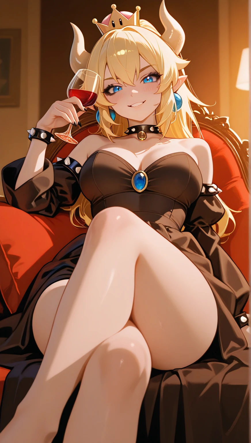 an cartoon painting of a women in underwear on a couch with lights surrounding her, 1girl, breasts, solo, blue eyes, sitting, large breasts, hair ornament, cleavage, jewelry, thighhighs, flower, looking at viewer, crossed legs, earrings, smile, hair flower, bare shoulders, thighs, white thighhighs, blonde hair, dress, choker