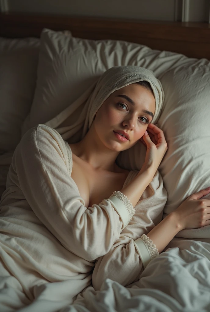 (photorealism:1.2), beautiful woman,laying on bed,wearing satin pajamas and satin hijab,mucus on the hijab