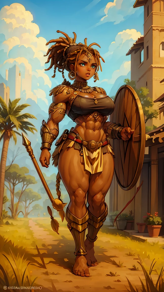 Full body image Sensual dark skinned warrior, full lips abundant afro type hair toned body with honey colored eyes very round toned body small waist wide hips perfect bust hair wearing tight owl inspired berserker armor with very intricate details, He holds a broadsword in defensive mode with a challenging look, 