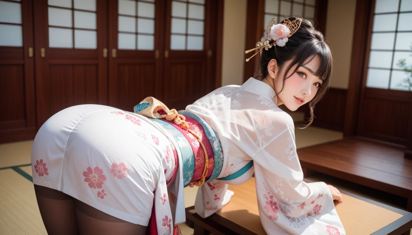 ((facing back:1.5))、 (high-level image quality、hightquality、High resolution real image、detaileds、masterpiece、Professional Photography)、(There is a cute girl)、Smile at the camera、(A pure Japanese hairstyle with a beautiful hairpin)、(Light brown hair)、(being thin:1.3)、(Small:1.3)、(Bra and thong with large kimono-style decorations:1.2)、She wears a collar, bangles, and a kimono-style garter belt.、(He holds a large golden dragon in both hands.)、The pose is so cute and nice、Japanese New Year events、(Pure Japanese room in a big old house)