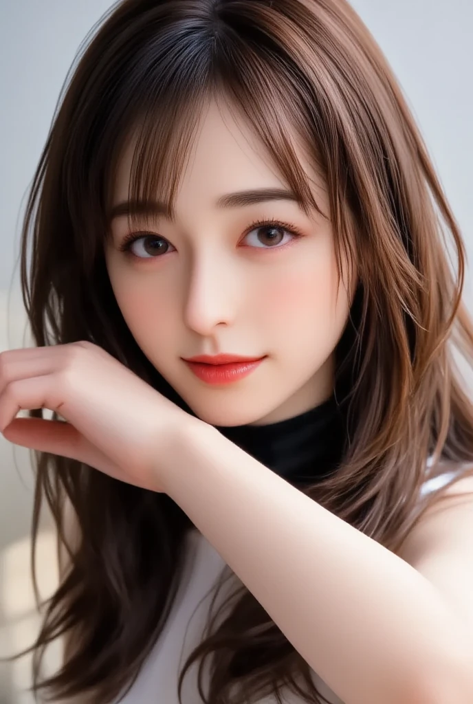 on the table, best quality, shape, Ultra Detailed, Finely, high resolution, 8k wallpaper, 完璧なダイナミックな構shape, Beautiful and delicate eyes, Medium Length Hair, Small Breasts, Natural lipstick, Casual sexy pose,Smile,20 year old girl、midnight、Beautiful and detailed face、Perfect beautiful face,big eyes、original photo、Use the whole body to express the feminine posture、Beautiful and delicate eyes、Small face、Beautiful duplex、Facelift and style,skirt、Beautiful golden ratio face,Long hair