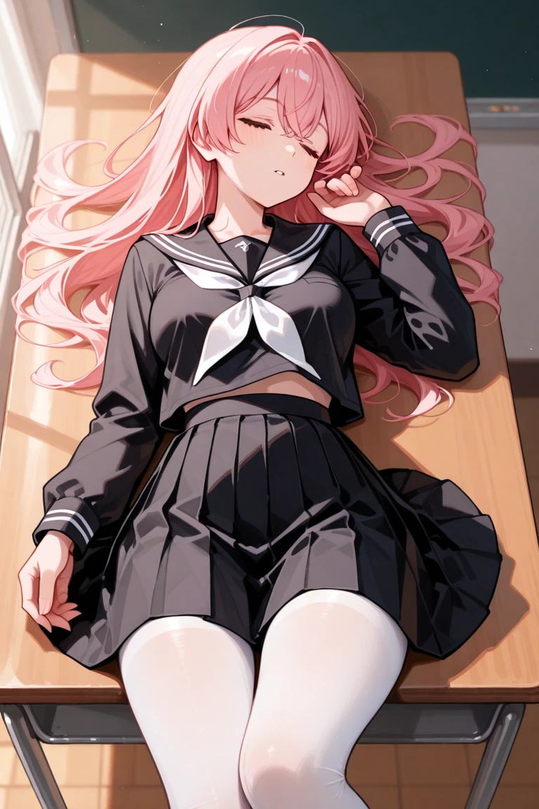 Long pale pink hair,Pale blue-green eyes,Black sailor uniform,dark circles,Sit in the infirmary,White hands,close-up on legs,A black over-the-knee sock,A pair of white socks,Medium build,girl,big laughter,guffaw