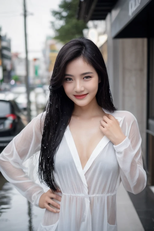 ((best quality, 8K, masterpiece: 1.3)),upper body,Black Hair, black eye,sharp focus: 1.2, beautiful woman with a perfect body: 1.4, ((Medium Hair, large: 1.2)), (small and beautiful hard (White long sleeve blouse with lace、Silk Tight darkmagenta long skirt), (wet from rain: 1.2), (rain, street: 1.2), wet body: 1.1, Highly detailed face and skin texture, detailed eyes, double eyelids, White skin,,E cup,smile,Financial district of the big city,Skyscraper,White skin,Wet Hair、Wet Skin、Wet clothes、smile、
