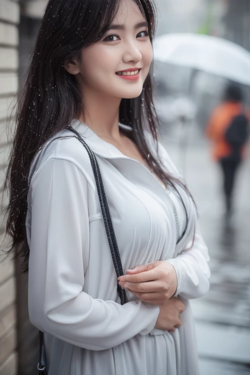 (masterpiece, Highest quality), One girl, Beautiful office lady, Very wet, soaked from heavy rain, Long black hair, Straight hair, White blouse, ((face close up:1.2)), saggy big breasts:0.3, joy expression, Street Background, Detailed Scene, Reflective Puddle, Dark Clouds, heavy rain, realistic rain effect), can't see background by downpour:1.7