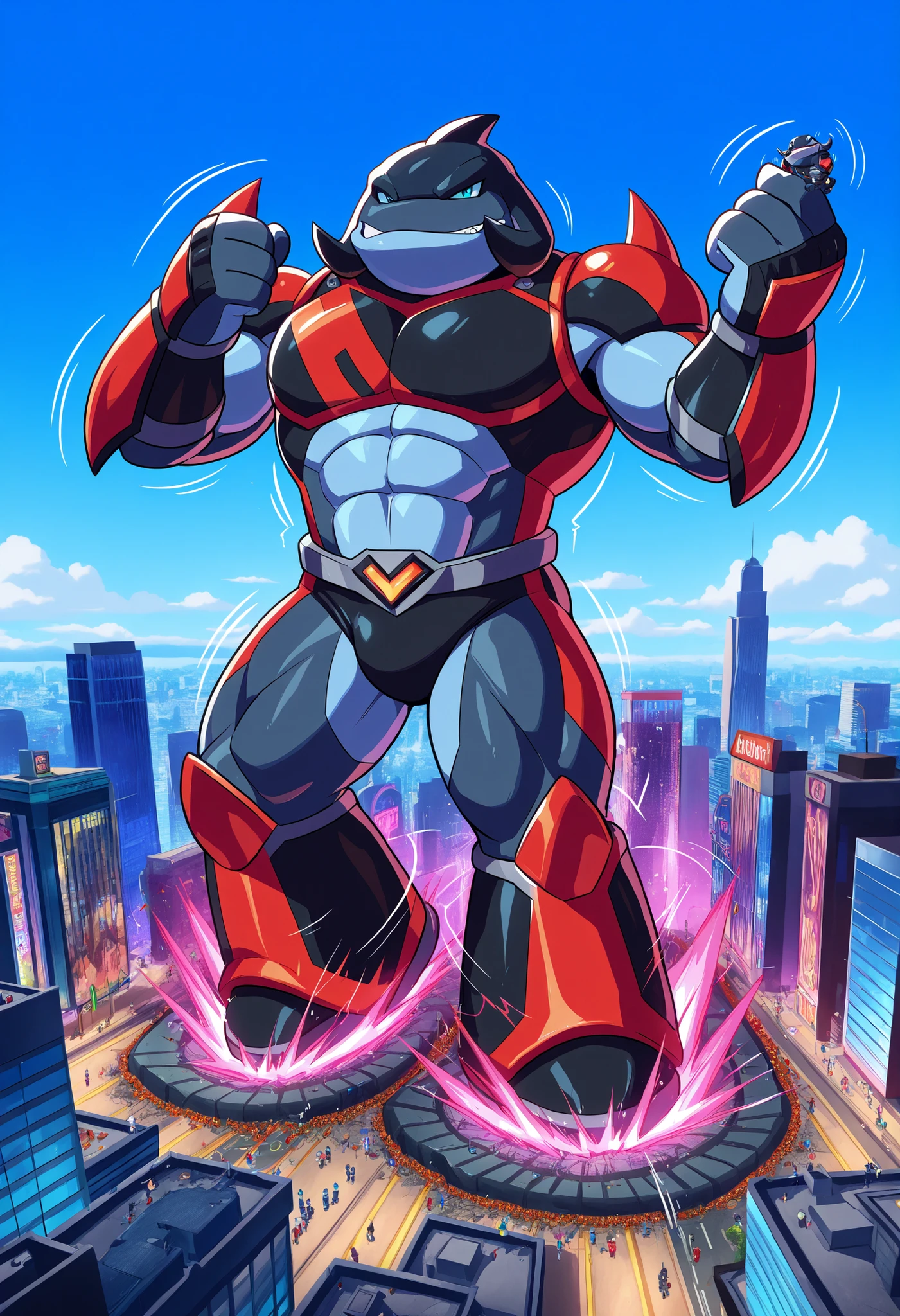 Gantu, wearing cybernetic armor, handsome, attractive, alluring, seductive, sexy, charming, inviting, (macro in miniscule city:1.3), dynamic pose, causing destruction, teasing, playful, throbbing aura, growth effects, throbbing body, throbbing lines, full body