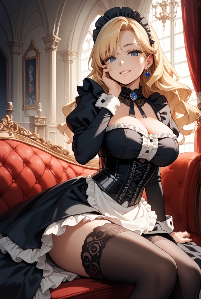 1girl, fishnet sleeves, blonde hair, ruffles, sitting, couch