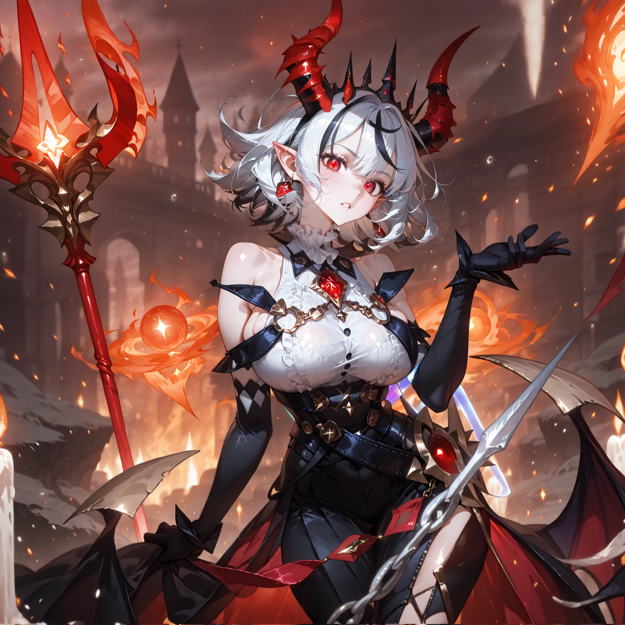 (SuperQuality:1.0) ~ (SuperQuality:1.2), detailxl, 1girl, High Resolution, Best Quality, High Details, Super Detailed, detailed background, white hair, black streaked hair, short hair, cyan eyes, horns, pointy ears, looking at viewer, sleeveless, red trident, gloves, black crown, aura, glowing,