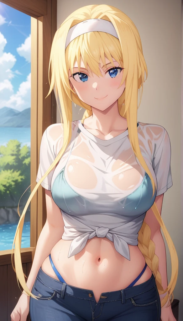 Blonde long hair, f-cup, pink bra, jeans, blushing face, cowboy shot
