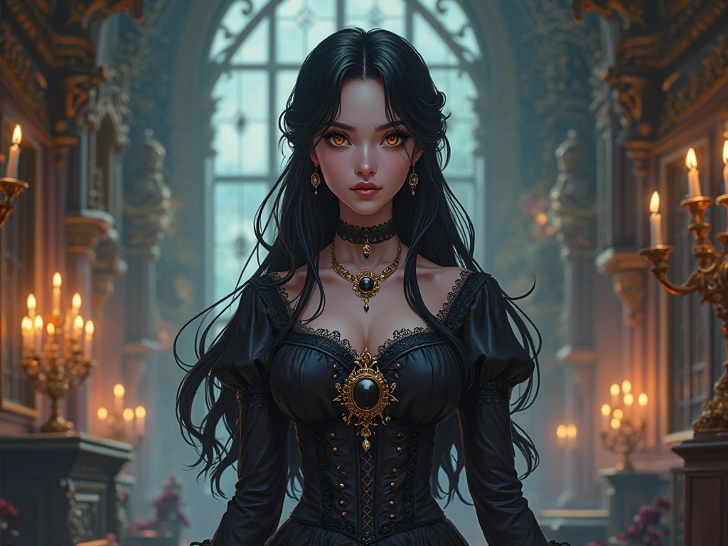 ((best qualityer)), ((work of art)), (detailded), 8k, 4K, hight contrast, work of art, Meticulous attention to facial features and hair strands,Dark Man, Lord of evil, shaggy black hair, exquisite black cloak, bright, piercing green eyes, threatening expression on your face, powerful aura, Standing in a dimly lit room,, casting mysterious shadows, , decorated with intricate details, With a sinister smile, Creates an aura of darkness, With a frightening presence, in a gothic castle, with impressive architecture, shrouded in fog, under the blood red moon, amidst the approaching storm, creating a sinister atmosphere, Reminds me of the cover of a dark fantasy novel.., With spectacular lighting, emphasizing the contrast between light and shadow, evoking a sense of mystery and danger, with a touch of supernatural elements and captivating art, in the background a castle hall ,clear lighting, detailed shadows