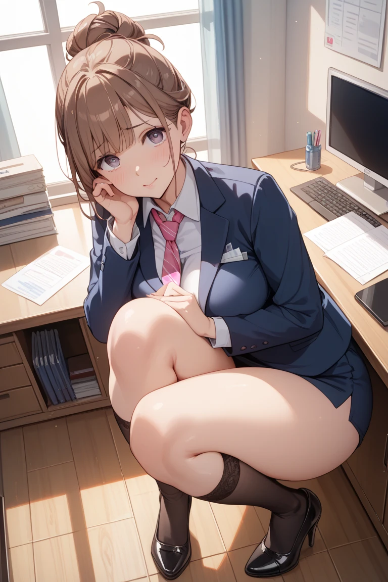 beautiful cute girl,((brown hair:1.2)),(Medium wave hair:1.1),(beige eyes:1.2),(office Lady:1.25),(uniform suit:1.2),((check pattern costume:1.0)),((lace:1.2)),(首を傾げる:1.3),((Happiness:1.1)),(nsfw:1.1).