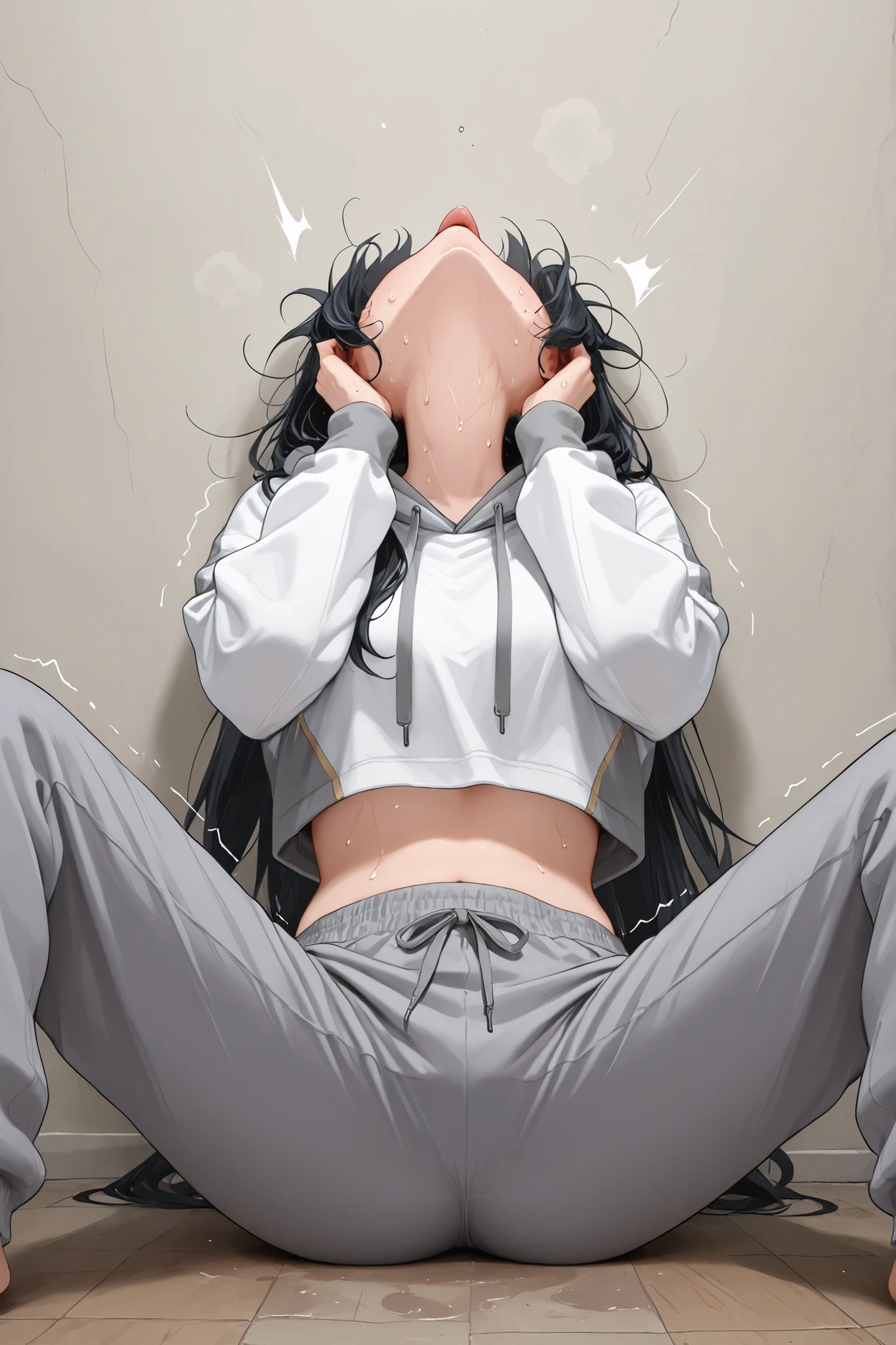 1girl, white hoodie, cropped hoodie, grey trim, grey lining, grey hood, grey sweatpants, long hair, sitting down, legs spread, sitting on floor, black hair, head back, shaking, sweating, hands on face, open mouth, tongue out