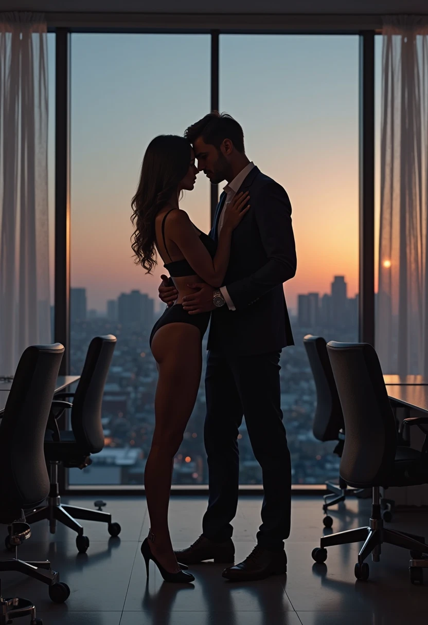 sexy secretary teasing her male boss, office with city view , close to window, kissing, seducing, sexy ass , sexy fishnets lingerie 