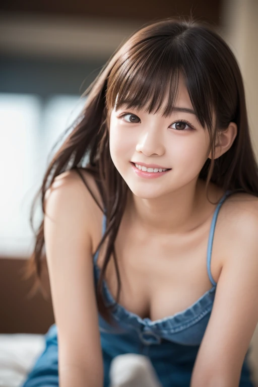 high resolution、More realistic、Woman in her early teens、全naked、naked、She sits on a low bench and looks shy towards the camera.、Peace sign with both hands、
