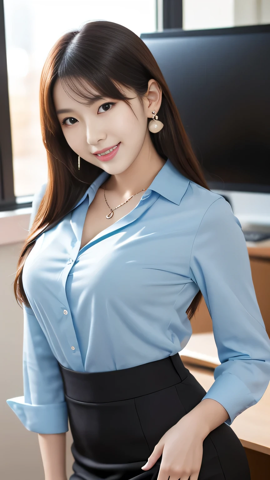 A 30 year old secretary in a professional A-line skirt, shirt, step skirt, realistic, masterpiece, super high resolution, 16K quality, RAW photo, brunette hair, long hair, high ponytail, smile, slim figure, slender waist, reasonable body proportions, perfect skin, sitting in office drinking coffee, Giant breast, glowing skin, sunny, 35mm lens, sony fx3 image quality