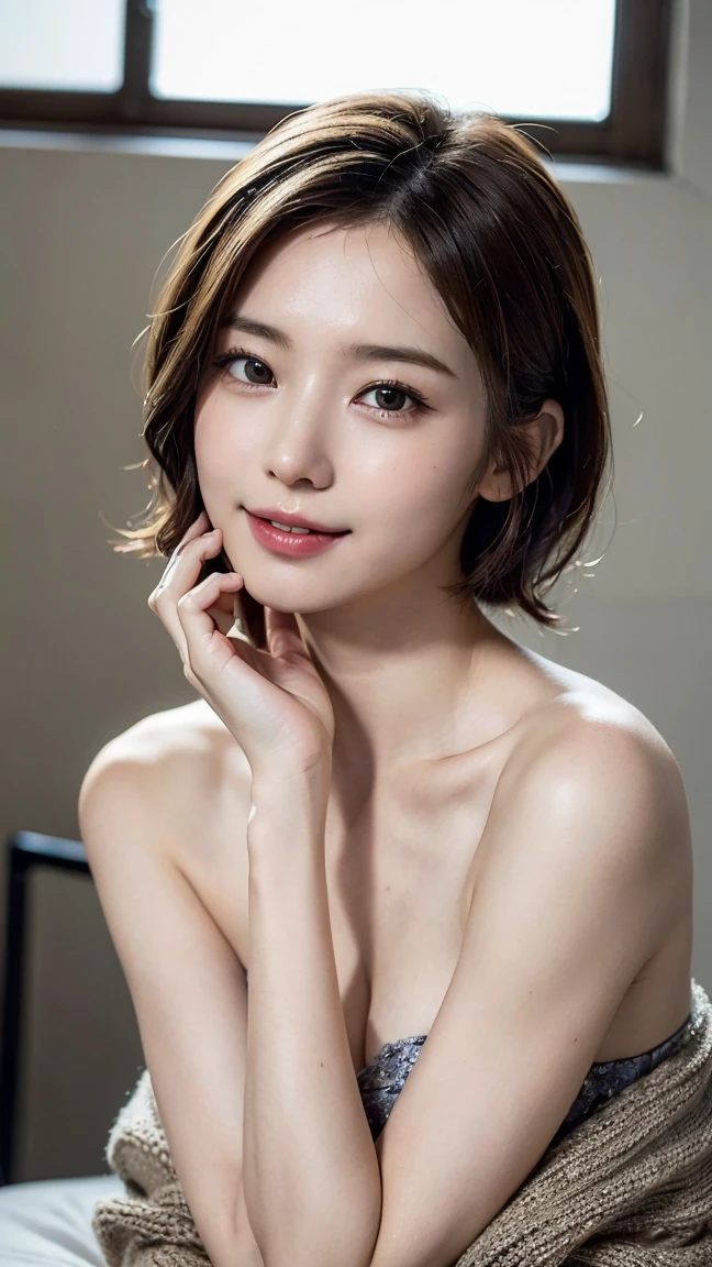 Tabletop, Highest quality, figure, Super detailed, In detail, High resolution, 8k wallpaper, Perfect dynamic composition、Cute 27 year old girl、Beautiful face in every detail、Cute droopy eyes with attention to detail、Textured skin、Blushed、Embarrassing、 (Short Hair:1.3)、(Wavy brown hair )、Small breasts,、Bold sexy pose、smile、whole body, (((naked)))