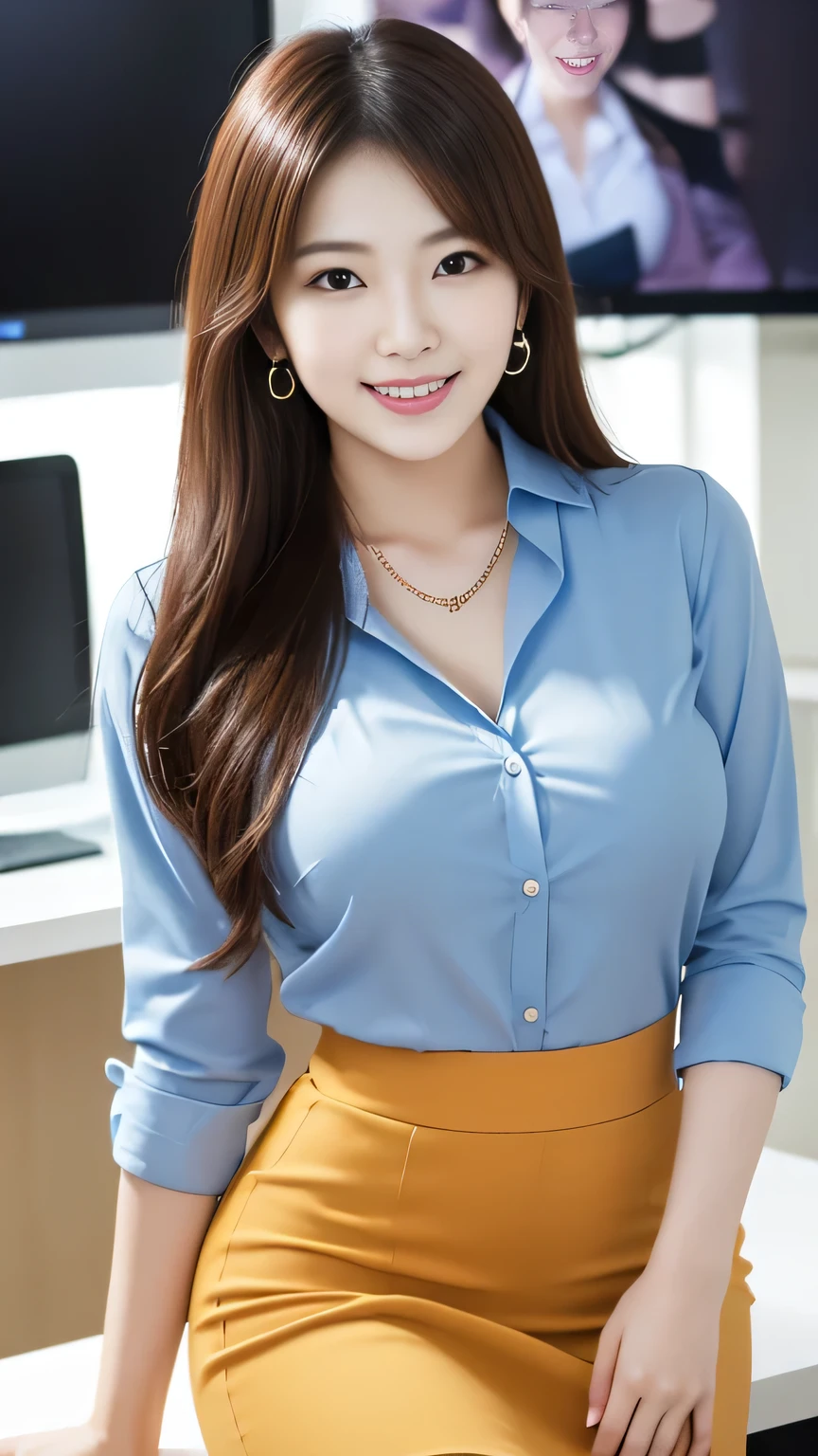 A beautiful Korean woman wearing a skirt at the office、is posing in front of a computer, office wear, Very sexy outfit,is wearing a blouse, ready for meeting, Fully clothed, Intriguing Clothes,earrings thin necklace, revealing clothing, Business Attire, Fascinating and charming, Sexy look, looking at camera Cute charming smile