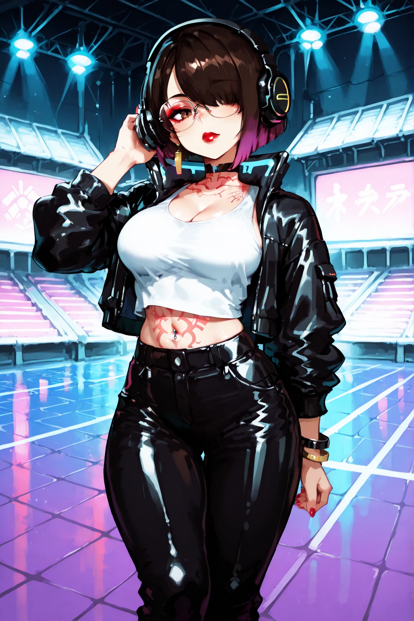 Anime-style femboy, short black and purple gradient hair, hair over one eye, bob cut, brown eyes, seductive expression, red lipstick, glossy lips, long eyelashes, eyeshadow, pink pointy polished nails, belly piercing, body tattoos, fake large breasts, subtle penis bulge, wearing glasses, white latex tank top, white cyberpunk-style latex pants, black cyberpunk-style jacket, choker, earrings, bracelets, big cyberpunk-style headphones, dynamic pose with one hand adjusting headphones, standing on an indoor basketball court, polished hardwood flooring, vibrant red and black court lines, professional-grade hoops with clear backboards, overhead stadium lighting casting soft shadows, empty bleachers, subtle floor wear marks, dark cyberpunk atmosphere, highly detailed, vibrant colors, 4k resolution