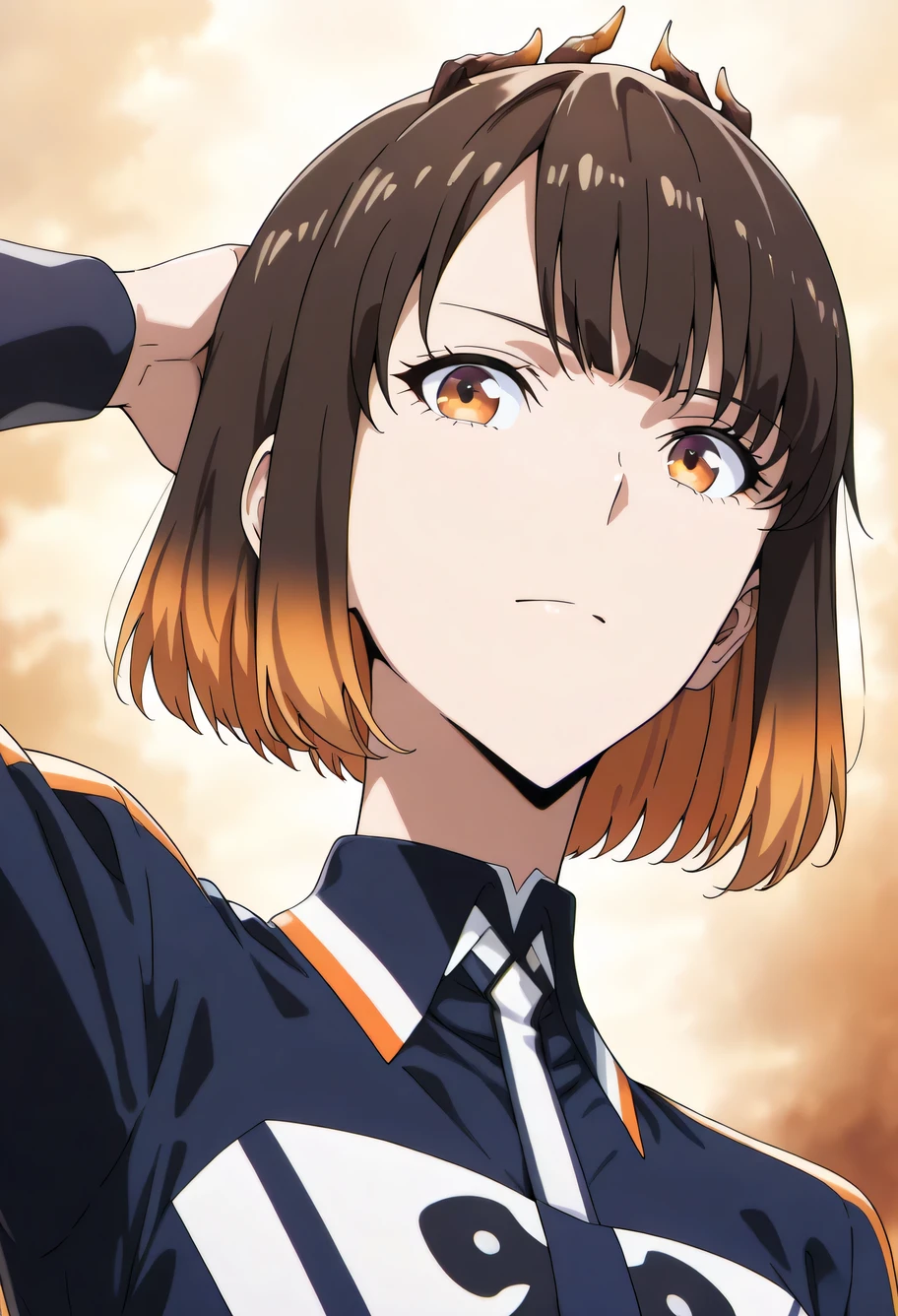 anime girl, ((hae-in cha)), bright orange eyes, confident strong expression, one hand behind head pose, soft lighting, clean background, anime art style, detailed shading, medium shot, soft lighting, cool charming atmosphere, fish eye perspective view,, bloody, ((short bob haircut, straight bangs, two-tone hair, black brown base, orange highlights, gradient ombre effect, shoulder-length, orange yellow tips, dark roots)), realistic field background, half body view