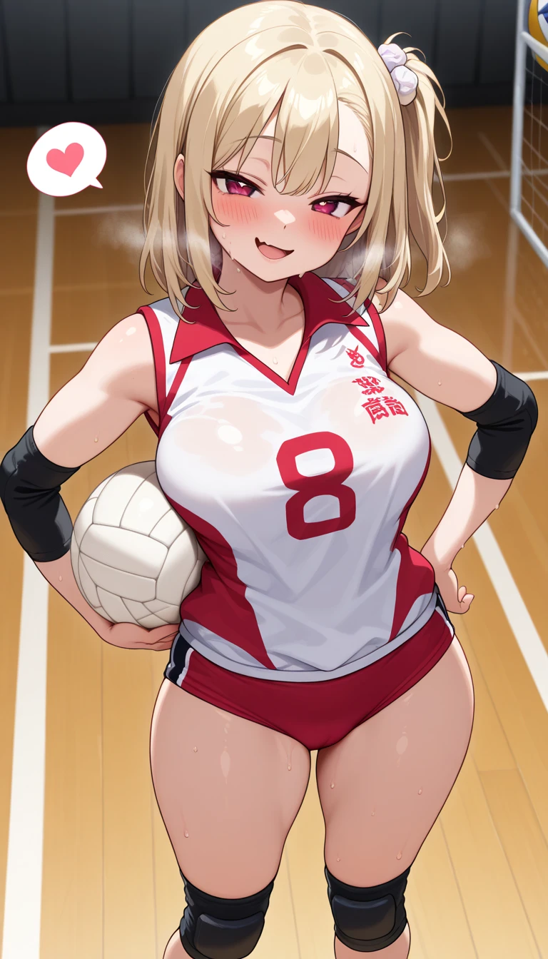 unity 8k wallpaper, anatomically correct, (((masterpiece))), (((best quality))), (((ultra detailed))), (((high-resolution))), ((super fine illustration)), ((Ultimate cutie)), ((detailed beautiful face)), ((perfect hands)), ((perfect finger)), (((good anatomy))), shiny hair, short hair, medium breasts, (potbelly), (curvy), ((Thick thighs)), (((solo))), ((evil smile)), (grin), ((blush)), ((female volleyball player)), ((hold Beautiful spherical shape 6-inch volleyball)), hand on hip,
BREAK, ((buruma)), (crotch), ((sleeveless collared Volleyball Uniform)), (knee pad), (elbow pad), adidas, ((sweat)), ((covered in sweat)), (breath), in Volleyball Court, in gymnasium, from below, (looking at viewer), cowboy shot,