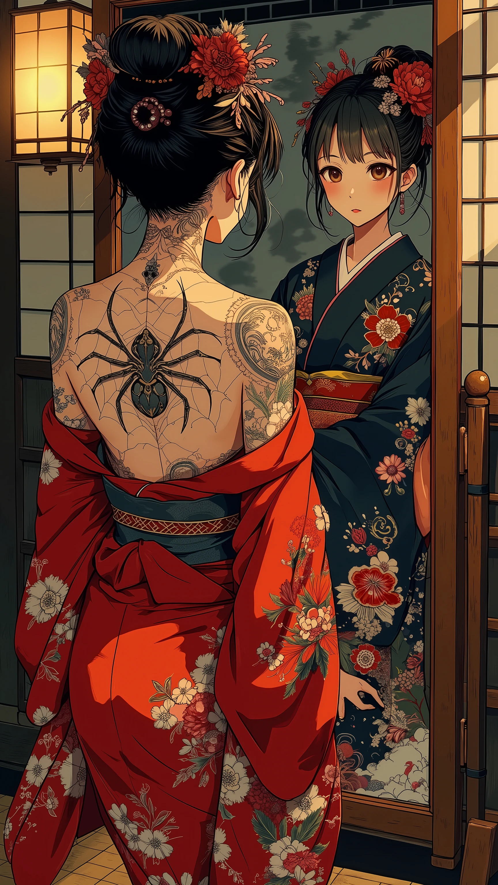 A Japanese woman standing in front of a mirror, seen from behind. She is dressed as an oiran, wearing a vibrant red kimono adorned with bold peony flowers and skull motifs, draped loosely and falling down her arms to fully reveal her bare back. Her back is decorated with a large, stylized female spider demon tattoo drawn using fine lines and pointillism shading, featuring an intricate spiderweb design integrated with peonies, chrysanthemums, and traditional Japanese wave motifs, with no solid fill areas. She is turning her head to look directly at the viewer. In the mirror’s reflection, the same woman appears as a modest town girl wearing a plain, dark blue kimono with no tattoos, looking directly at the viewer. Her hair is simply tied back in a modest style. The background is a traditional Japanese room with shoji screens and tatami mats, set at night with soft lantern light casting dramatic shadows. Ultra high detail, realistic anime style.