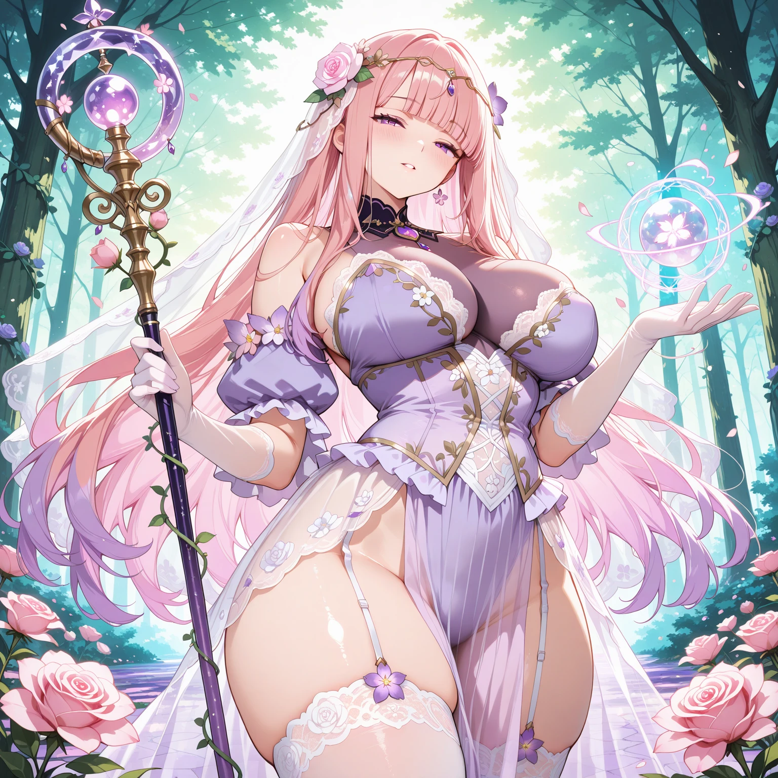 (best quality, 8K, high resolution, masterpiece:1.2), Digital Artwork, A girl, Delicate face, Exquisite eyes, Pink Hair, Long and straight hair, Glowing purple eyes, red lips, Suspenders, Fantasy Landscape, Vibrant colors, Soft Light, Whimsical atmosphere, Blooming flowers, floating long dress, fine details, Ethereal Background, Dreamy aura,、Huge breasts(10.0),Deep cleavage(10.0),Nipple protrusion(10.0),、Huge breasts(10.0),Deep cleavage(10.0),Nipple protrusion(10.0)Elf ears 、Huge breasts(10.0),Deep cleavage(10.0),Nipple protrusion(10.0)