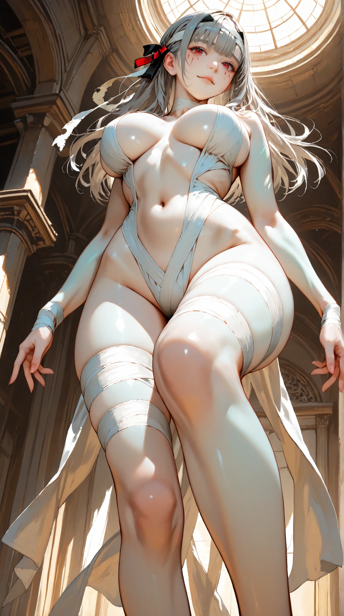 sensual, long blonde hair, thick thighs, 8K, 4K, highest quality, High resolution:1.2), cute anime face, noise reduction, shining blue eyes, gentle smile, Gentle eyes、(((Full body nude)))、toned abdominal muscles, muscular arms, muscular legs, young face, anime eyes, (((big breasts、Breasts that are about to burst)))、(((T-back that digs into your butt、Rear view、High-leg cut leotard)))、(((Upper body)))