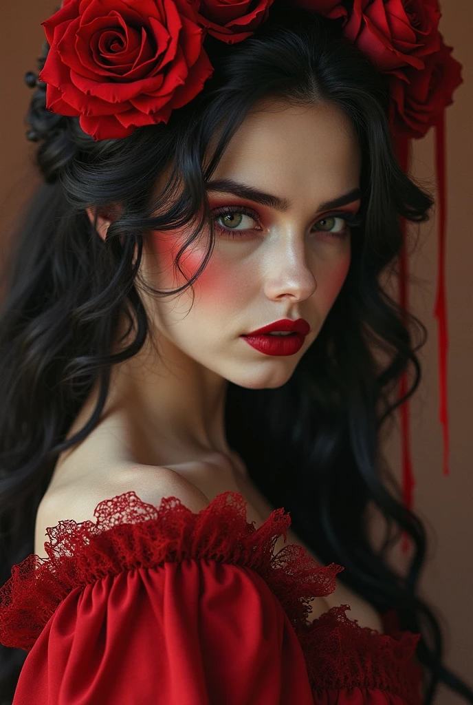 Top quality, best quality, real photo, woman with real skin, realistic, real woman, real woman, american woman, black hair, blue colored eyes, with a short, dirty and torn black dress, holding in her hands red roses. --auto --s2
