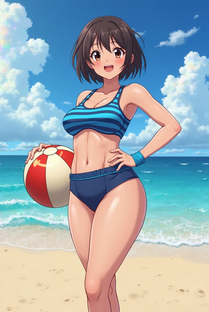 1girl, raised legs, beautiful, masterpiece, best quality,playing with a beach ball,in bikini,beautiful figure,cute eyes,cute legs,big ass,big tits,artwork,full body