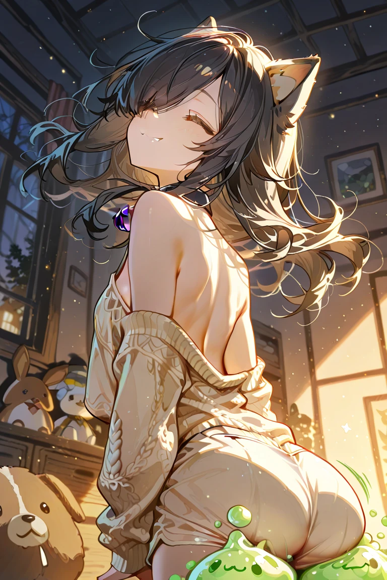 best quality,best resolution,(fluffy anthro furry :1.6),(young :1.6),dog girl,small breasts,gold canine ears,gold dog tail,gold body fur,dark brown long hair,wavy hair,curvy hair,blue eyes,sparkle eyes,glistering eyes,small bell collar,flower hair ornaments,white dress with flower embroidery,raffles,sleeveless,bare shoulder,flowers surronded,floral decoraton ornaments,ribbon bondage,luxury flower shop,looking at viewer,full face blush,shy face,horny smile,naughty pose,panoramic view,back view,backless,white pantie,white gorgeous gown with gold floral embroidery