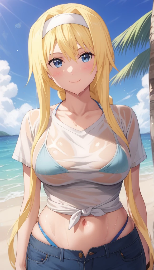 nsfw:1.5, Top quality, masterpiece, ultra high resolution, , (top quality, high resolution, 4K, detailed lighting, shaders, perfect anatomy, perfect proportions), eye of the beholder, (masterpiece, top quality) (top quality, 4K, 8K, high resolution, masterpiece: 1.2), highly detailed, (masterpiece: 1.3, top quality, ultra high resolution, ultra detailed), (top quality: 1.2), perfect eyes, perfect face, (top quality, 4K, 8K, high resolution, masterpiece: 1.2), highly detailed, (top quality, 4K, 8K, high resolution, masterpiece: 1.5), highly detailed, masterpiece, top quality, ultra detailed, top quality, high resolution, 32K CG, very delicate and beautiful, illustration, high resolution, sharp focus, girl 1 person, very beautiful and detailed anime face, very detailed eyes, ((masterpiece)), ((best quality)), (super detailed), ((cute)), cute, ((very detailed)), 4K, (8K), best quality, (best quality, 8K, 32k, masterpiece, super high resolution, very detailed, impressionistic:1.2), blurred background, (two arms) , (two legs), (four fingers and 1 thumb) , only one belly button, Bare shoulders.
(Beautiful woman). (Beach: 1.6). (Cowboy shot:). (Profile: 0.8). (Trimmed pubic hair). (Realistic water droplets: 0.4). (White hot pants: 1.6). (Soaking wet: 1). (Beautiful face: 1.2). (Shiny blonde: 1.4). (Shoulder-length straight hair: 1.3). (White choker: 1.5). (Necklace: 1.5). (Bracelet: 1.5). (Bangs swept to the side to reveal forehead: 1.4). (Blue-green eyes). (Happy smile: 1.6). (Embarrassed: 1.2). (Topless: 1). (Removing black sleeveless T-shirt: 1.6). (Tan lines: 1.5). (Breasts and nipples not covered: 1.6). (Small pink nipples). (Perfect proportions: 1.6). (Full, beautiful breasts: 1.5). (Perky breasts). (Narrow waist). (Slender body). (Beautiful buttocks: 1.2). (Realistic facial expression: 1.4). (Realistic skin: 1.4).
