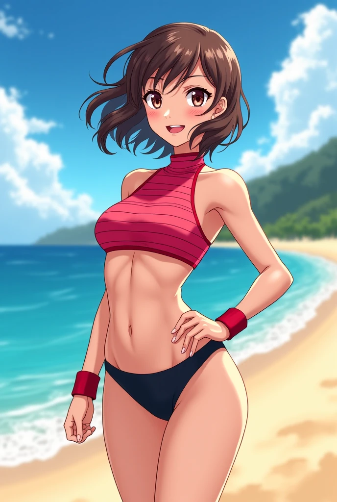 [ochako uraraka; Boku no hero academia], ((solo portrait)), ((raw photo)), ((High definition)), ((anime)), ((Kohei Horikoshi)), ((raytracing)), ((detailed shading)), ((intricate details)), {ochako; (blushy cheeks, big round brown eyes, short brown hair, short eyelashes, large boobs, curvaceous hips), (pink 2-piece bathing suit), (excited smile; mouth open), (athletic body; defined abs)}, ((standing on beach; looking ahead), waving at camera), [Background; (outside daytime; beautiful ocean, detailed sand)]