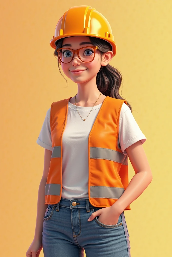 cute, 2 years old, brown eyes, long black hair, job safety technician uniform with high heel sandals, holding clipboard, wearing yellow PPE helmet, with yellow PPE vest, minimalist design, Disney, Pixar, Full HD, realistic, 3d, 8k, -v5:2 --auto --s2
