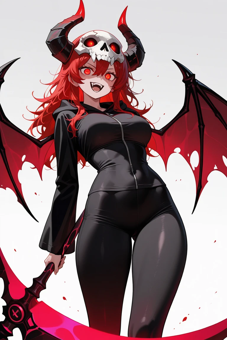 Solo, Score_9, score_8_up, score_7_up, a tall slender feminine incubus, black sclera, red eyes, deer horns, sharp teeth, grinning,rather bdsm gear, stiletto boots, demon wings, shaggy red hair with black highlights, cocky grin, cocky pose