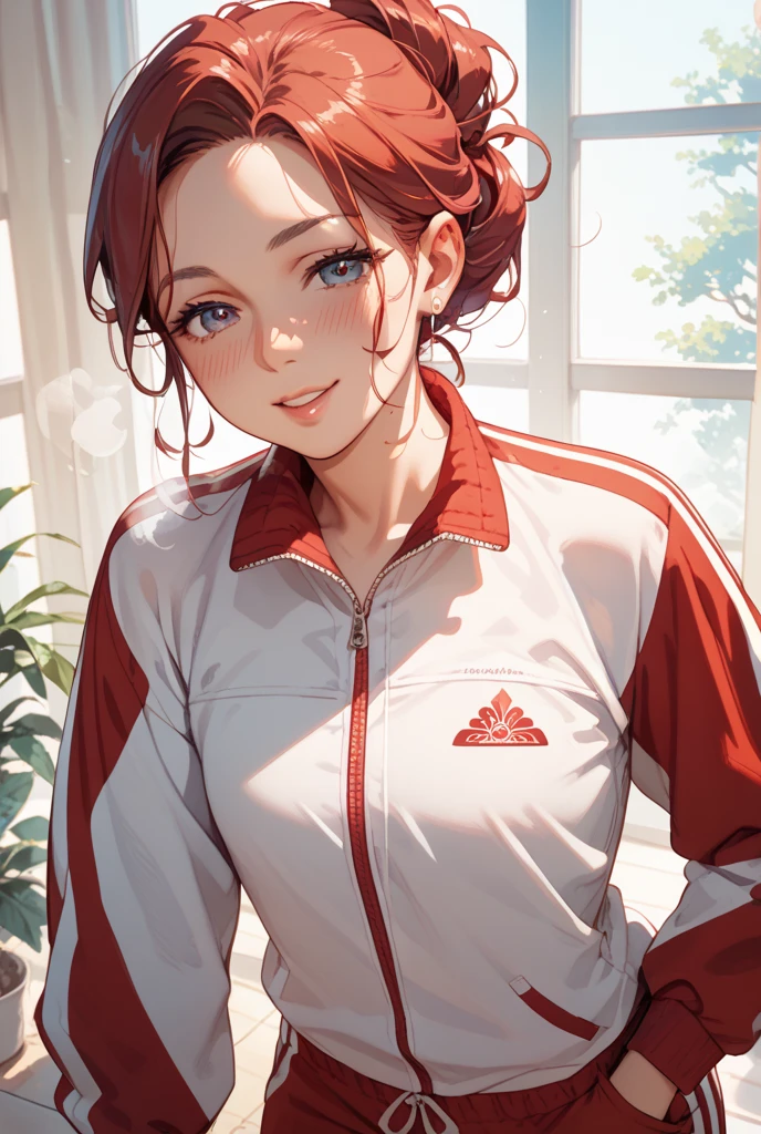 locker room,track suit,(Thin type:1.5),(large breasts),(random hairstyle),(Highest image quality,(8K), Ultra-realistic, Best Quality, High quality, High Definition, high quality texture, high detailing, Beautiful detailed, fine detailed, extremely details CG, Detailed texture, realistic representation of face, masterpiece, presence)