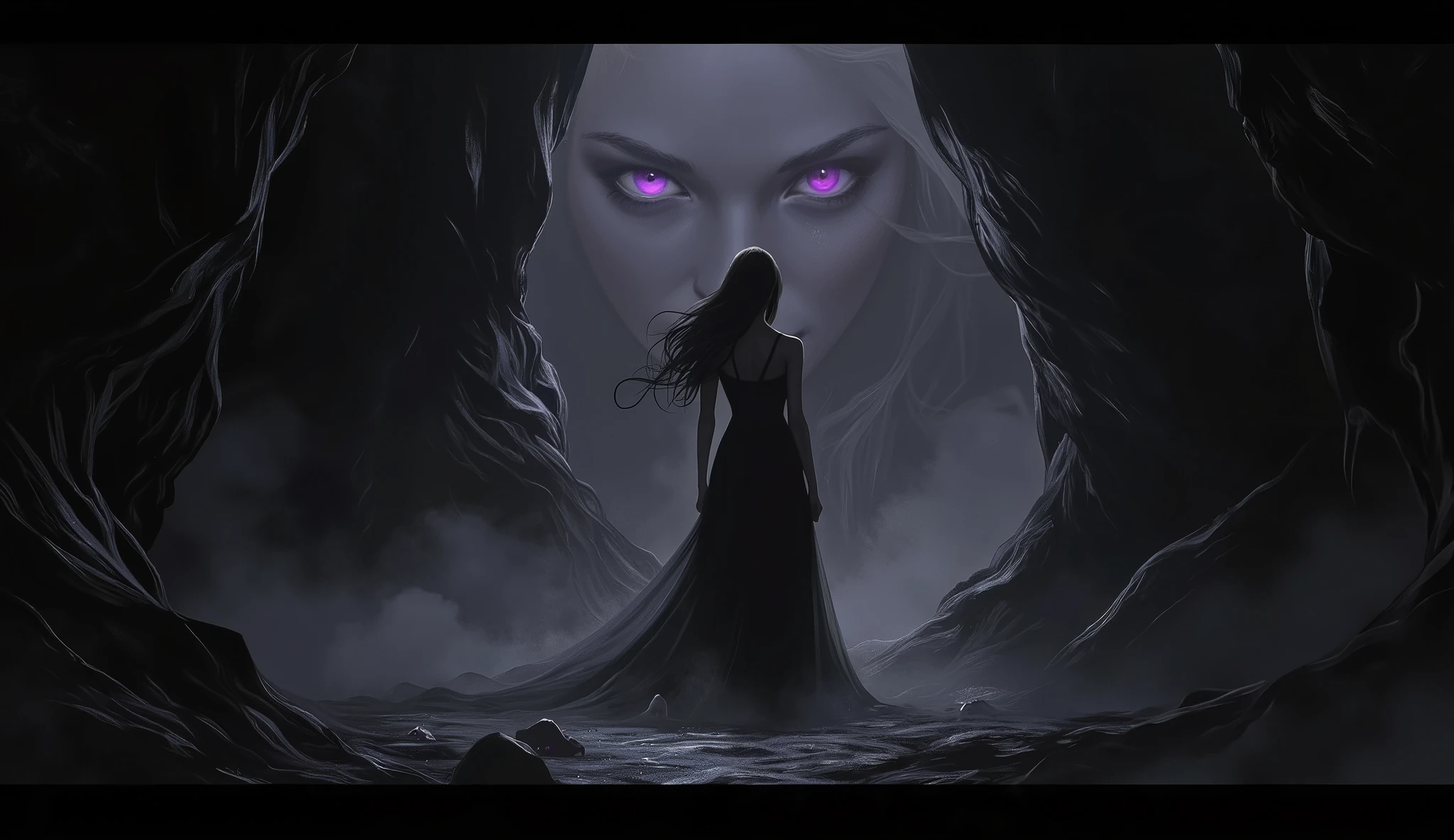 (digital art, masterpiece, high quality, 4k, dark fantasy, mystical, atmospheric, event art)
"Today's Theme: Her Silhouette – That fading silhouette... what stories or emotions does it carry? Em meio a sombras densas, em uma caverna desprovida de qualquer fonte de iluminação, a textura do ambiente se transforma num véu misterioso. No centro, uma tênue silhueta feminina emerge das trevas: quase imperceptível, com um contorno esvaecido e etéreo, vestida com um longo e esvoaçante vestido que se funde com o ambiente sombrio. Seu cabelo negro, tão longo que acaricia o chão, dança como uma sombra líquida, movendo-se com mechas que parecem ter vontade própria. Os únicos elementos que rompem a obscuridade são seus olhos intensamente brilhantes, cintilando em um púrpura profundo e vívido, como gemas místicas que revelam segredos e emoções ocultas. A atmosfera hipnótica e enigmática carrega uma energia oculta, transformando cada traço dessa silhueta em um convite irresistível à introspecção e à descoberta dos mistérios por trás de seu ser."
