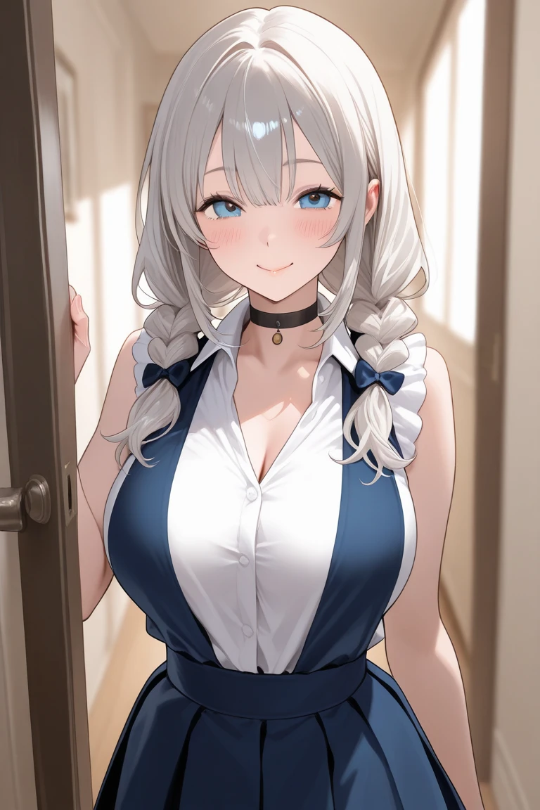 (masutepiece, Best Quality, Official art, the Extremely Detailed CG Unity 8K Wallpapers, Detailed background), (hand of Guido Daniele:1.1),(Detail fingers:1.1),1 mature girl,(Detailed patterned clothing:1.13),(Long silver hair:1.13), (Hugging breasts,cleavage:1.13), (High Ponytail:1.12), (Big eyes:1.13), (Shy), blush, Large breasts,(Dynamic Angle), Standing, Leaning forward,(clothes pull:1.12), (Office Lady Suit:1.11), (Detailed pattern bra:1.13), (Garter Straps Garter Belt:1.12), (High Ponytail:1.11), blush, (embarrassed), Indoor, Office,