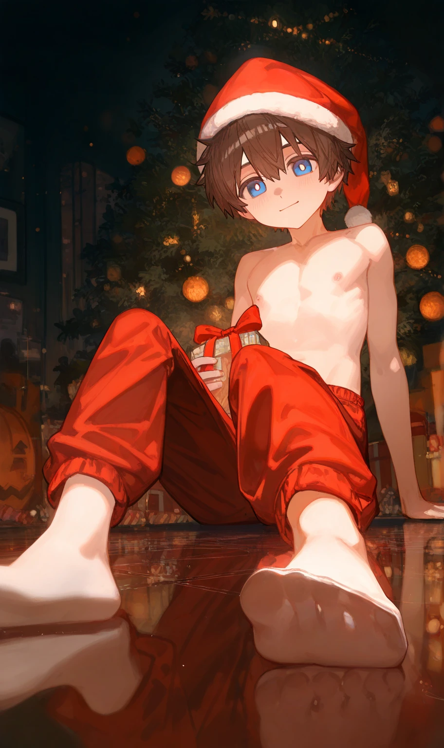 Kindergarten boy,Longhaire, Background with(In the street)flashy illumination,Huge Christmas tree with flashy lights, Topless figure,The bikini、It's cool, masterpiece, from side, a smile,