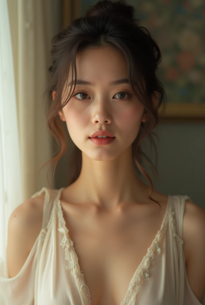 Beautiful and fair、Glowing Skin, Full body images, Height: 145cm, Slender body, bright, Refreshing and gentle look, Perfect beautiful face、short hair, Beautiful shiny bangs, so perfect and beautiful、small, Transparency, Blue Eyes, Very flat and small chest, The original skin is visible through the grooves, Navel shows through, White ultra high cut high leg swimsuit, depth of field, UHD, masterpiece, anatomically correct, textured skin