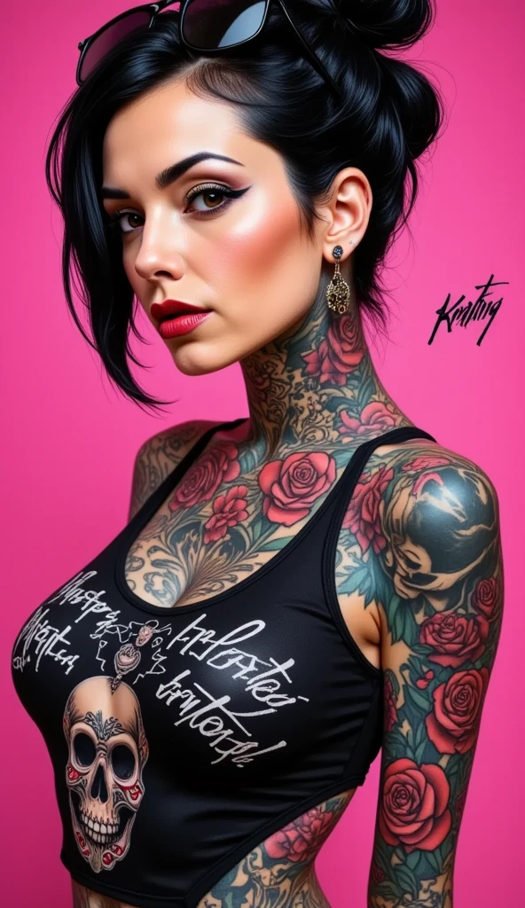 Auto retrato de corpo inteiro, de uma jovem mulher, de 29 anos, (((vestindo roupas curtas ((corpo tatuado))), (inspirado em garotas Suicide Girls:1.3), como Laura Prepon, ((em um quarto, with several posters pasted on the wall)), Autorretrato realista, 8k UHD, DSLR, (fotorrealista:1.5)