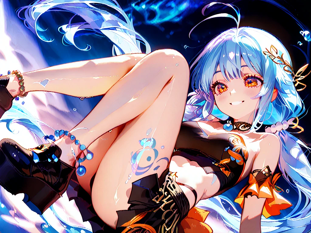 aqua {amphibia|fish|shark|reptile} girl, 1girl, perfect and well designed glowing shiny eyes, (beautiful detailed eyes:1.05), natural breasts, slim body, beautiful and delicate face, (face detail), ((realistic face)), pores, ((pale blue skin)), detailed skin, realistic skin, (((bioluminescence))), (((white-skinned))), ((shiny skin)), ((glowing speckles on skin)), (pointy ears), (fins:1.7), (spikes:1.5), (multicolored gradation skin), ((((blue scales body)))), human face, ((monster girl)), medium length hair, hair voluminous, (((((multicolored gradation hair))))), super high resolution, 8k, parameters Best quality, (masterpiece:1.4), (magic accessories:1.4), bracelets, extremely detailed thick tight nylon|lycra|latex|vynil [bikini:{bodysuit|swimsuit}:0.9], (standing nipples under cloth:1.2), (cameltoe:1.2), ornaments, (neckline:1.3), (cleavage), decolette, navel, Young Girl, Little Beast, (Smile:0.7), (pale Blue Skin:1.8), ((tattoos all over body, Tribal tattoos all over legs)), ultra detailed, photorealistic, ((Real image)), (best quality:1.4), super high resolution, (Realistic 2.0), More details, (full body portrait), (((1girl))), (deep sea, on beach, underwater), (beautiful and aesthetic:1.2), (fractal art:1.4), (cinematic light:1.1), (DUTCH ANGLE:1.7), 16K, HDR, RTX, Ray Tracing, Radiosity, Anisotropic Filtering, Subsurface Scattering, (((magic lights))), metallic reflections, Detailed, Realistic, 4k highly detailed digital art, (cool_color), extremely detailed CG unity 8k wallpaper, vibrant colors, (((seductive pose)))