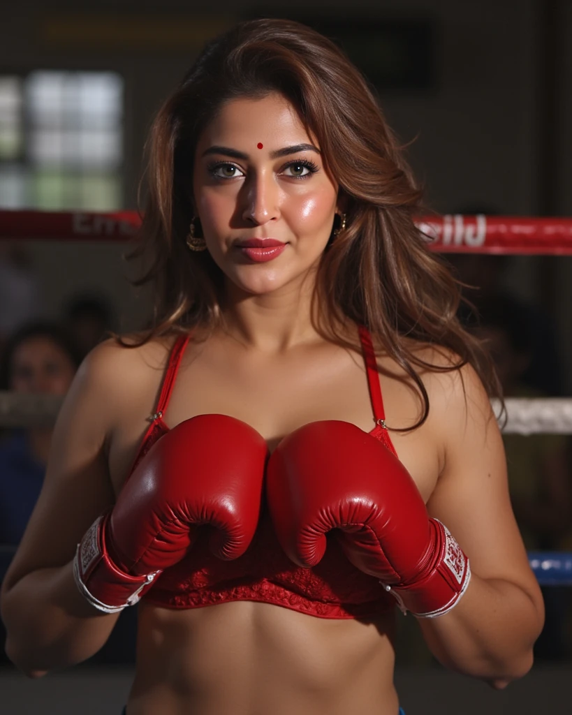 Looks like Priyamani,slightly chubby,wearing black boxing gloves,black boxing gloves,boxing ring,sweaty,tired,exhausted,arms raised,both arms up,boxing gloves on both hands, intricate details,brown outfit,(ArtStation:1.2),armpits,sweat,sweaty,sweaty armpits,arms up,showing armpits,awesome armpits,eyeroll,blue outfit,reddish brown,arm warmers,brown arm bands,brown arm warmers