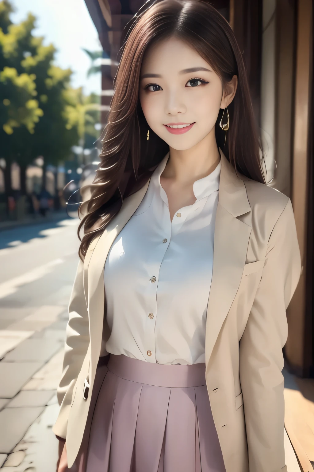 Woman in a suit standing on the sidewalk,((25-year-old woman))、Big Breasts、Dark brown hair color、Hairstyle with bangs、Various hairstyles、Hairstyles of different lengths、(8k, RAW Photos, highest quality, Tabletop: 1.2),、(Realistic, Realistic: 1.3), Cityscape, Day, Sunny Morning, Professional Lighting, Photon Mapping, shirt, (Woman in a suit,) Silk Suit、Pencil Skirt、Tight Skirt、((Delicate photo)),(Detailed RAW Photos of Girls), (Tabletop:1.25), (highest quality:1.6), (超A high resolution:1.5), (Realistic:1.75), 8k resolution, Canon EOS R5, 50mm, absurdes, Ultra-detailed,Cinema Lighting, (Skirt Lift:1.4)、nsfw、the wind is strong、smile、Skirt flipped up、sexy panties