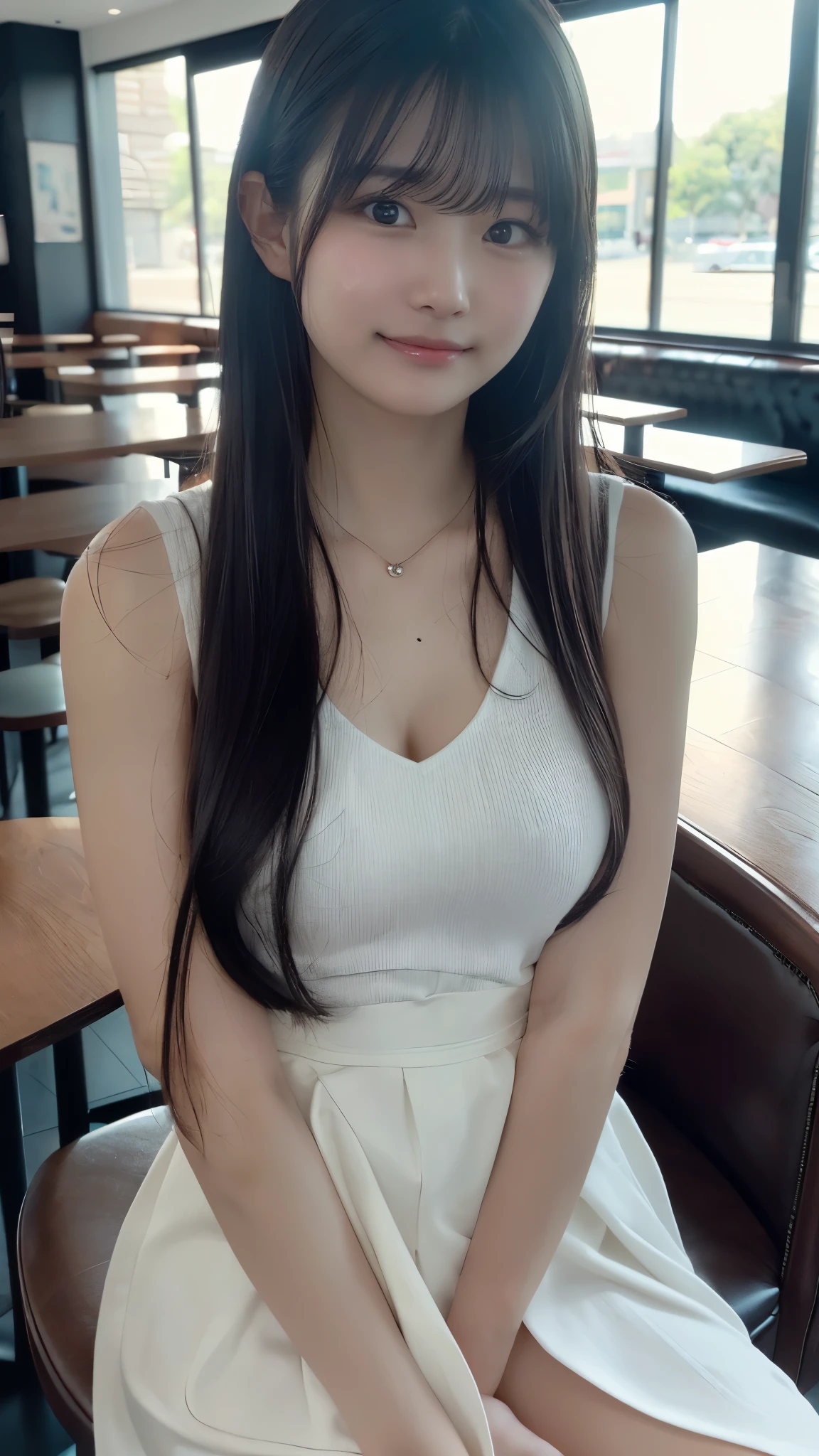 (Highest quality、8K、masterpiece:1.3)、Beautiful woman with perfect figure:1.4、((Dark brown super long hair))、((Her hair is super long, reaching down to her waist))、30 years old、Russians and Japan mixes、Beautiful Face、Athletic build and muscular、Wearing a pendant、((Thin white silk dress))、Highly detailed face and skin、fine grain、double eyelid、((Big Breasts ))、 Big Ass、((front))、((smile))、((Sitting in a chair))、((Legs crossed))、Looking this way、((Stylish bar counter))、((The beautiful curves of a woman's body are illuminated by the light))、