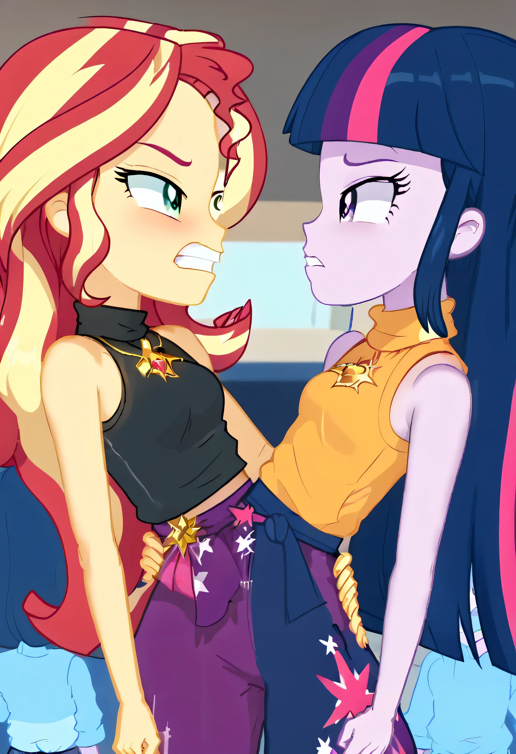 explicit, score_9, equestria_girls, cartoon, sunset_shimmer, starlight_glimmer, duo male, two girls and male pov, female, male, male pov, uncut flaccid penis, offscreen character, pov, View of the uncut flaccid penis in the pants and the girls located between the MC's crotch.