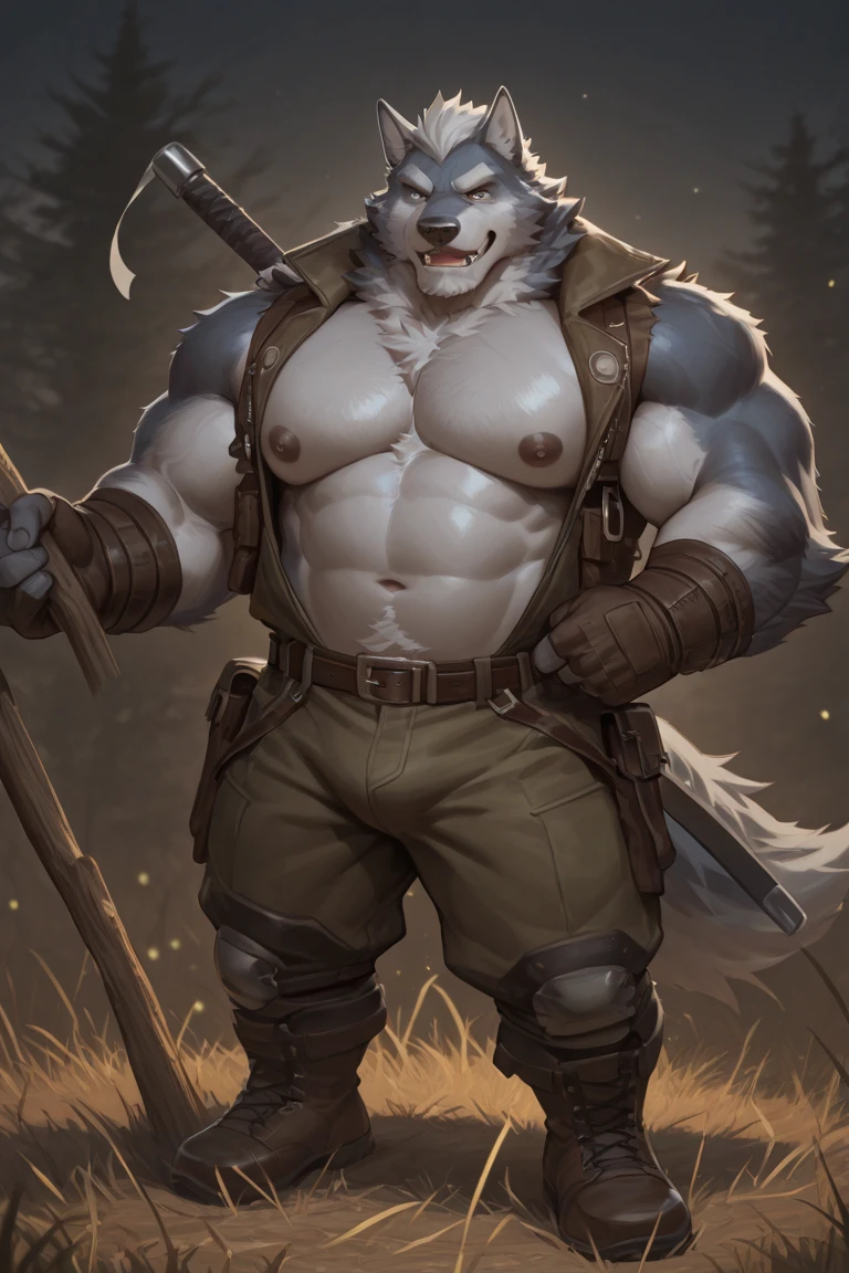 (por Taran Fiddler:1.1), (by chelodoy:1.1), (By Jay Naylor:1.1), mercenary (grimoire of zero), Feline, tigre, safe, 5 fingers, Anthro, shirtless, nipples, body built , fingers, fur, kemono, looking at the viewer, masculine, thick muscular, only, white body, White fur, gray stripes, armor, Gloves without fingers, forest