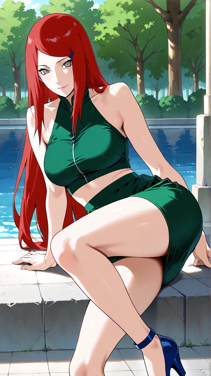 high quality, 8k, beautiful lighting, 1 adult woman, alone, hong_meiling, red hair, green swimsuit, animeの女の子, outdoors, whole body, smile, looking at the viewer, anime, in front of the gate, Low - Angle, Wallpaper-like