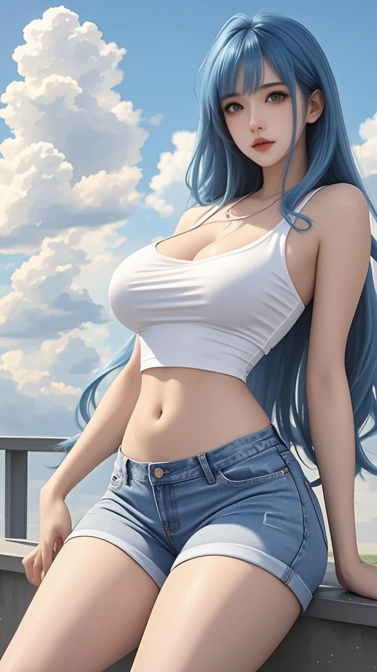 (best quality: 1.2), clean face, (masterpiece: 1.2, 8k) perfect anatomy, 1girl,a beautiful fashion model ,(masterpiece, official art, best quality ,long and shiny hair, blue hair with streaks in hair, long hair, full lips, slender body, slim body big breasts, looking at viewer, revealing outfit, absurdity, intricate details, dynamic pose, club, , wearing short shorts and a tight white top, cleavage, torn clothes, thong straps