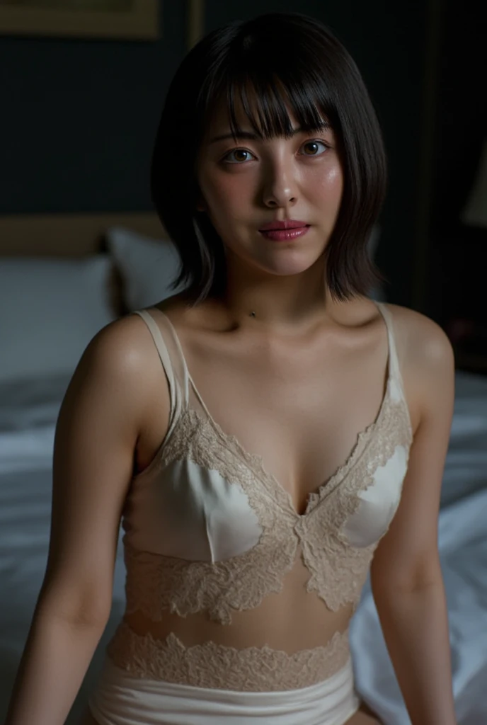 (8k、RAW Photos、Highest quality、masterpiece:1.2)、(Realistic、Realistic)、1 person、((View from the front、Looking into the camera、Bedroom、lingerie、In bed、Dim lighting、Watery eye))、cute