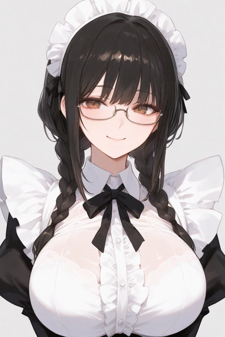 {{masterpiece}},high quality, 4K, 2D, 1 girl,{simple gray background},(attractive mature lady:1.6),milf,standing,sagging breasts,(gigantic breasts:1.5),maid,front face,{{tareme}},attractive mature lady,black hair, {from right in front of face and body},View viewers from front,{front facing shot},Wear glasses,(serious:0.1)